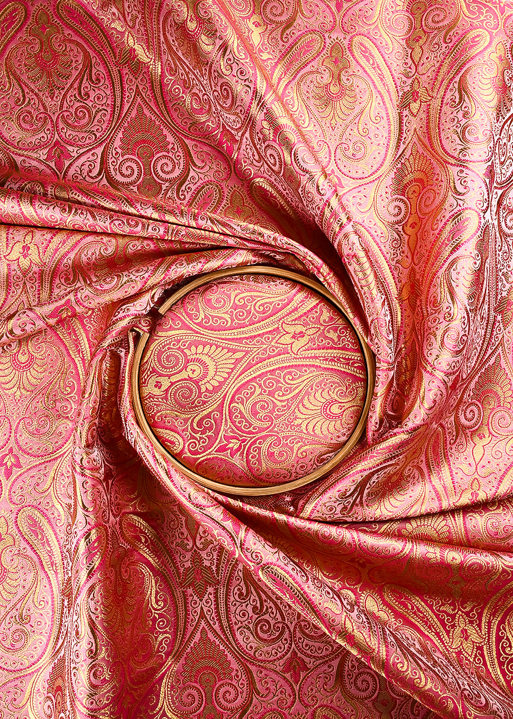Pink Banarasi Brocade Fabric With All Over Thread And Zari Handloom 24930
