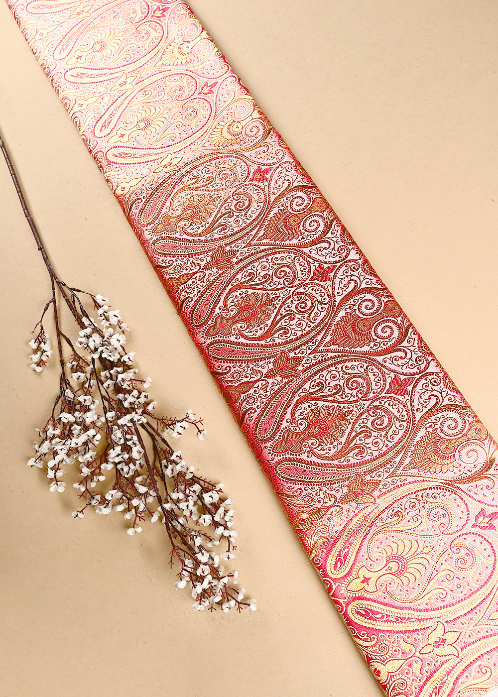 Pink Banarasi Brocade Fabric With All Over Thread And Zari Handloom 24930