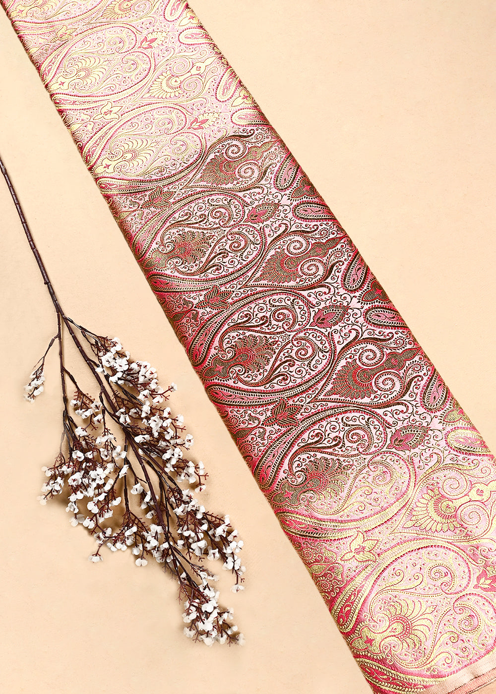 Blush Pink Banarasi Brocade Fabric With All Over Thread And Zari Handloom 24931