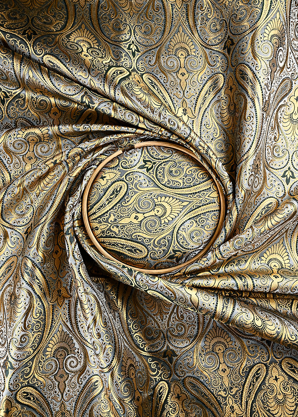Grey Banarasi Brocade Fabric With All Over Thread And Zari Handloom 24932