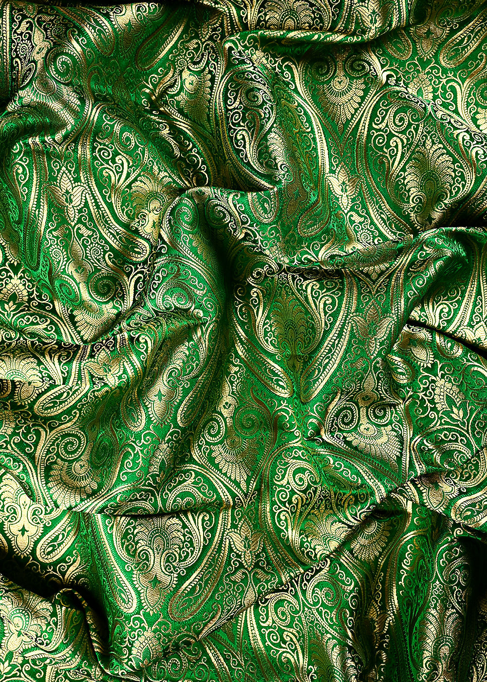 Green Banarasi Brocade Fabric With All Over Thread And Zari Handloom 24934