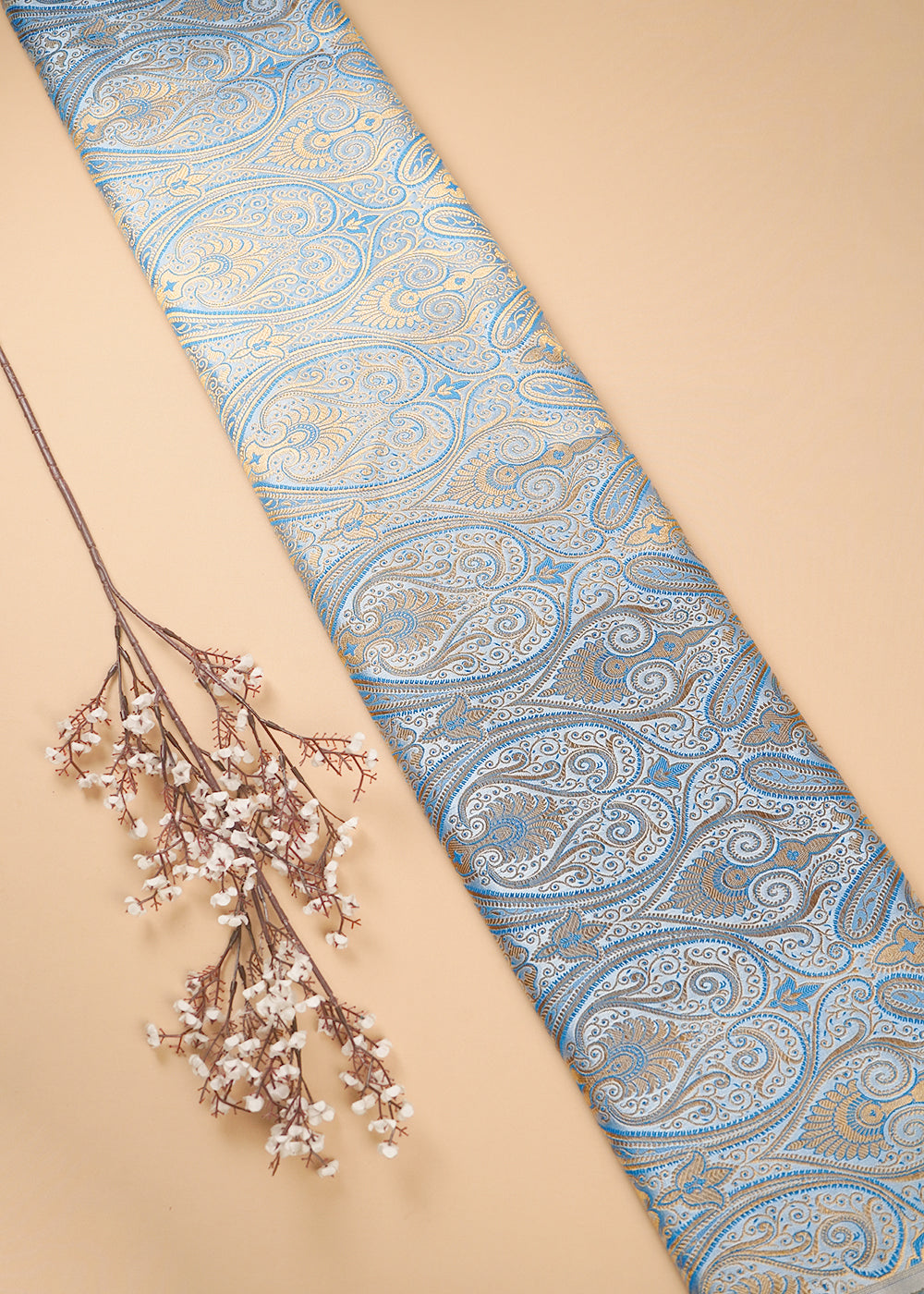 Blue Banarasi Brocade Fabric With All Over Thread And Zari Handloom 24935