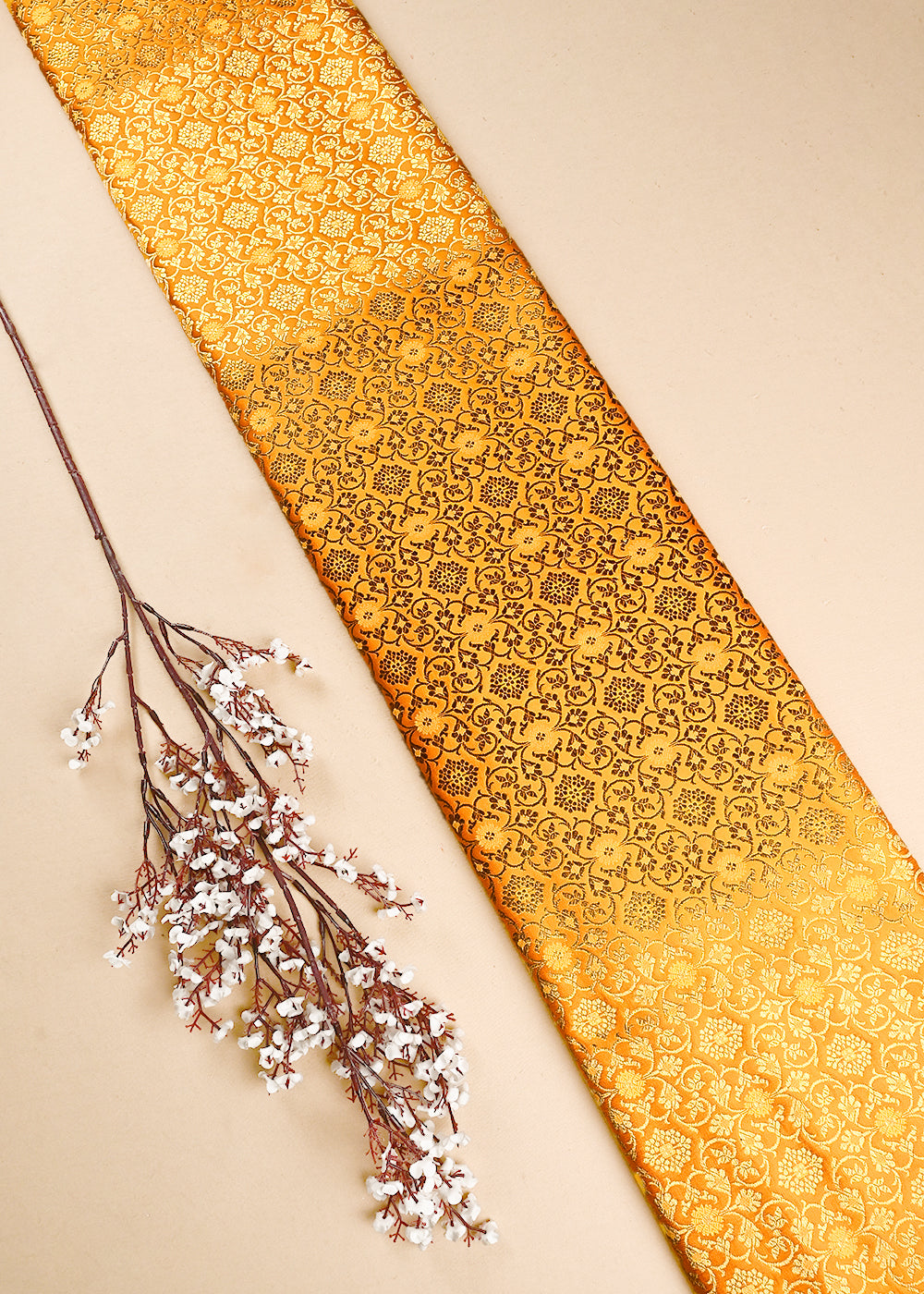 Mustard Banarasi Brocade Fabric With All Over Thread And Zari Handloom 24938