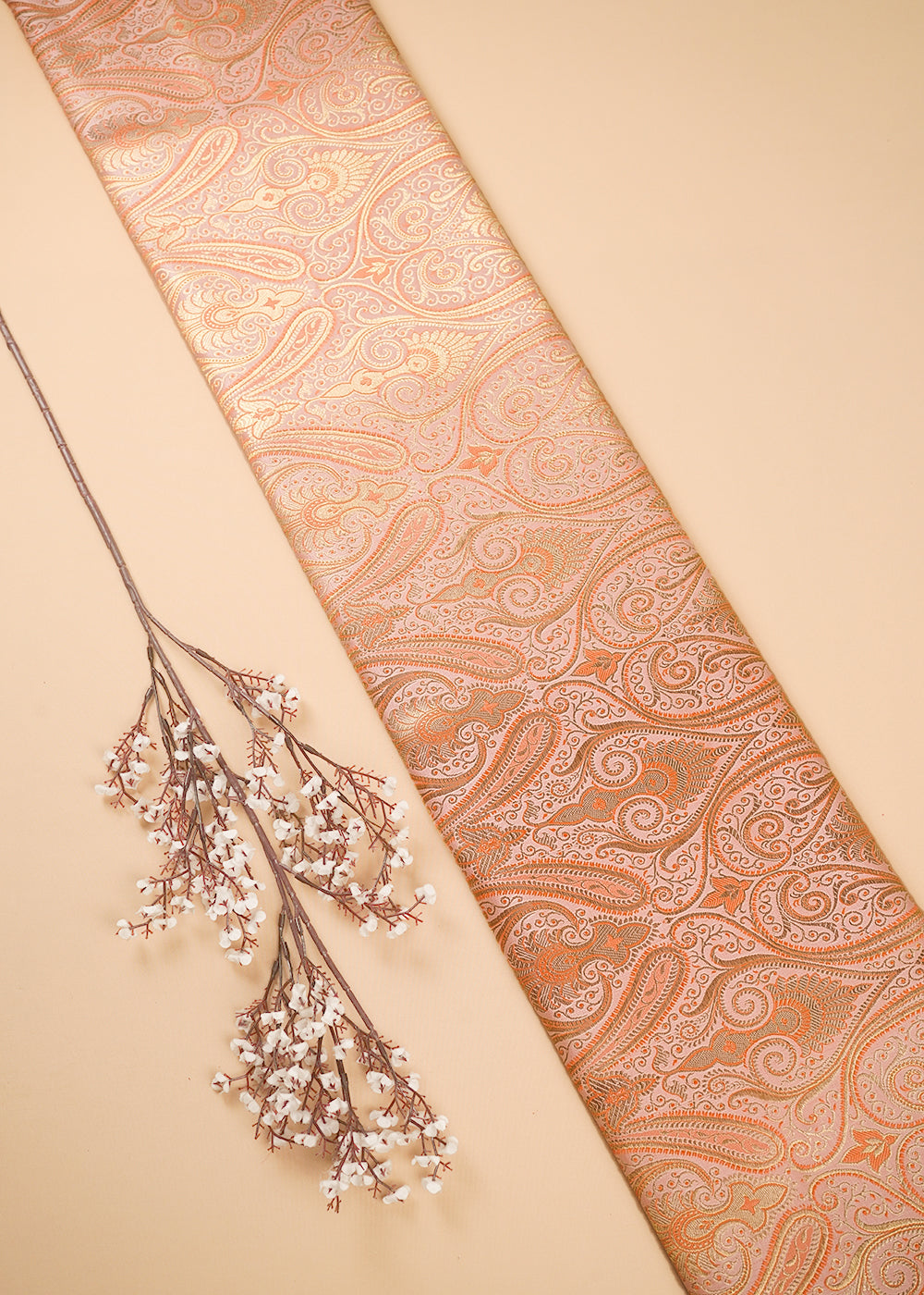 Peach Banarasi Brocade Fabric With All Over Thread And Zari Handloom 24939