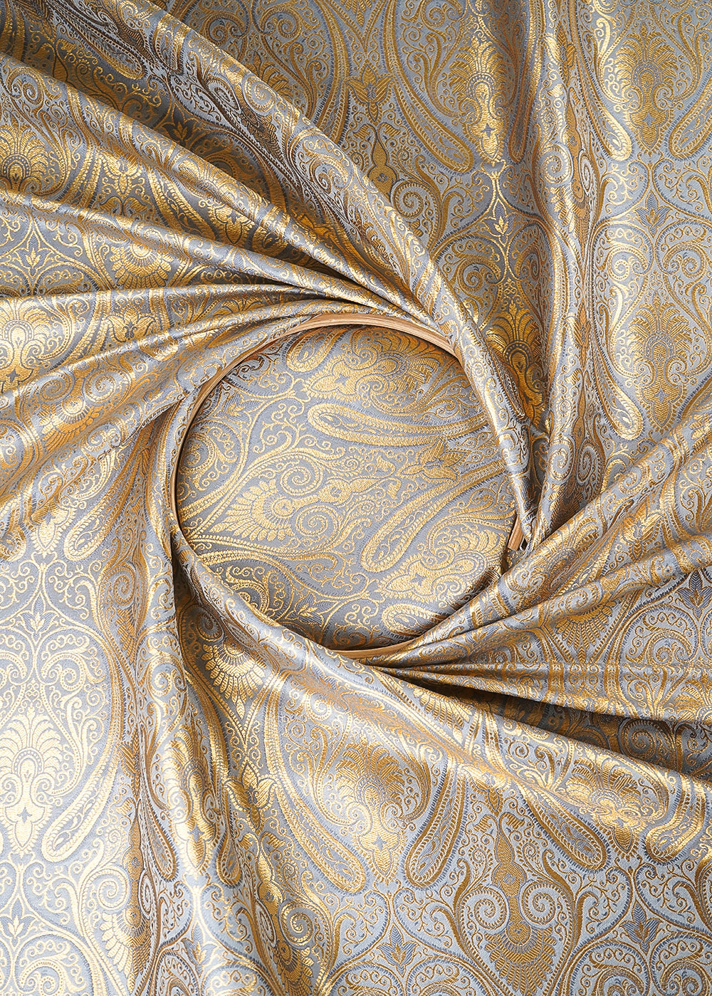 Grey Banarasi Brocade Fabric With All Over Thread And Zari Handloom 24940