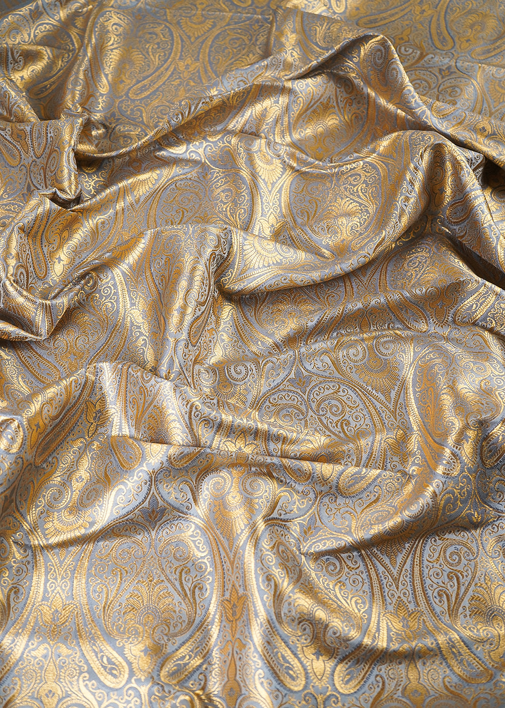 Grey Banarasi Brocade Fabric With All Over Thread And Zari Handloom 24940