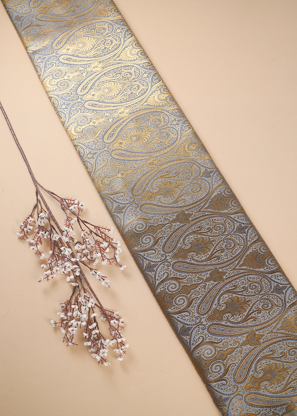 Grey Banarasi Brocade Fabric With All Over Thread And Zari Handloom 24940