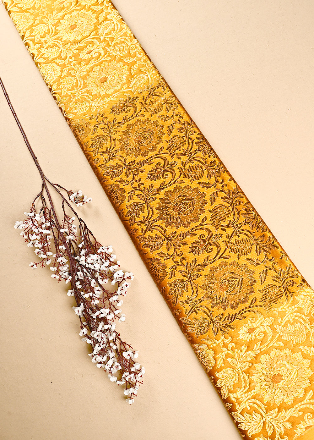 Mustard Banarasi Brocade Fabric With All Over Thread And Zari Handloom 24941