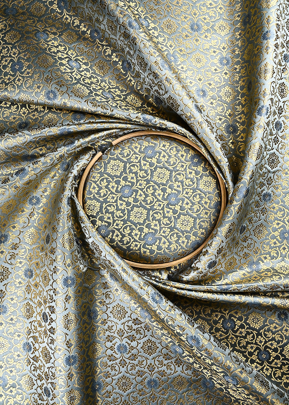 Grey Banarasi Brocade Fabric With All Over Thread And Zari Handloom 24943