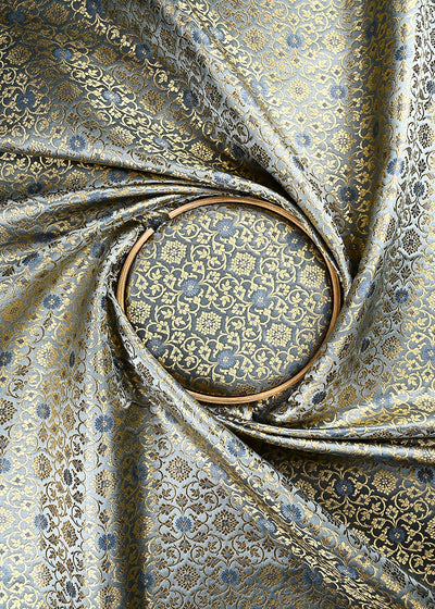 Grey Banarasi Brocade Fabric With All Over Thread And Zari Handloom 24943