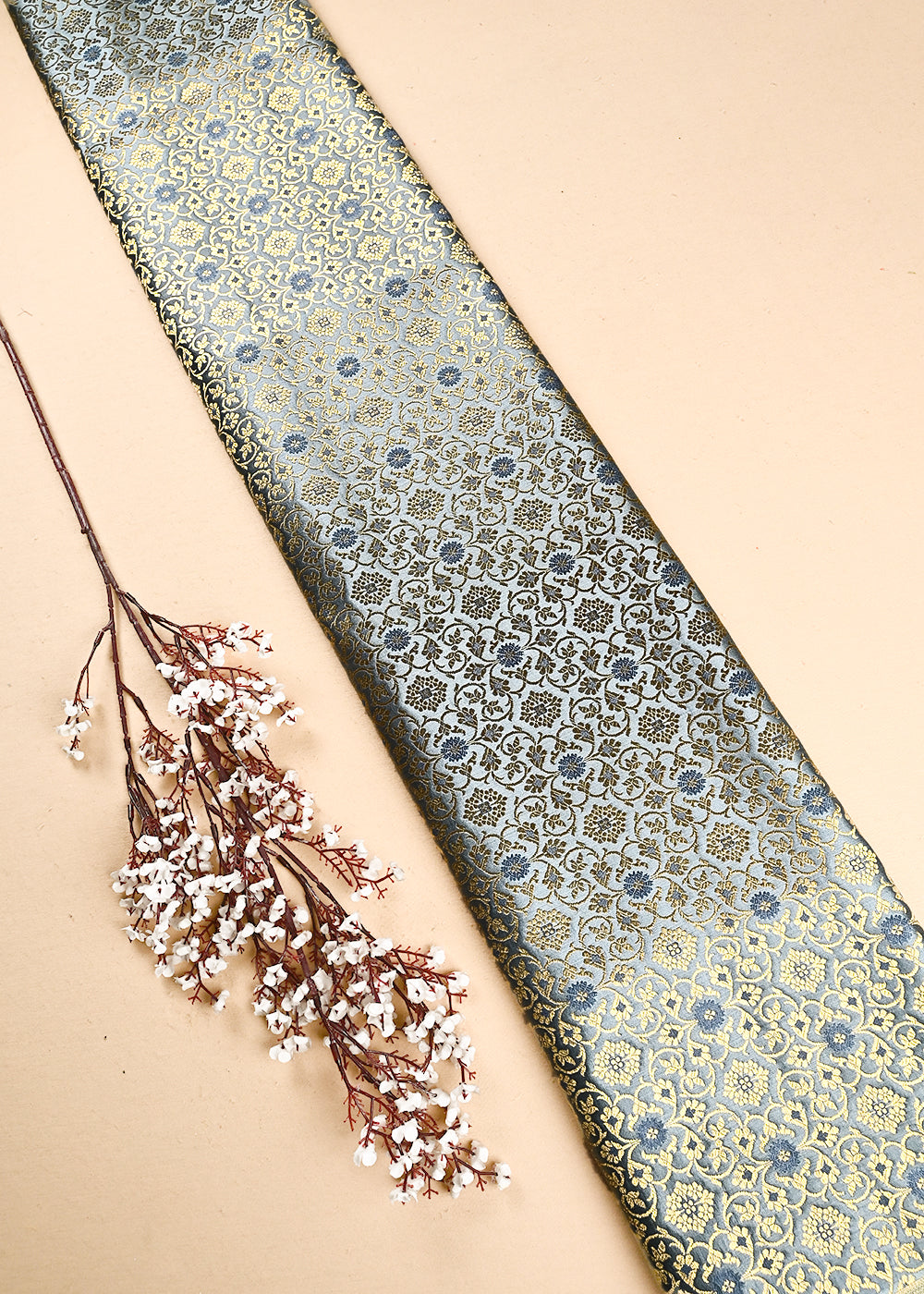 Grey Banarasi Brocade Fabric With All Over Thread And Zari Handloom 24943