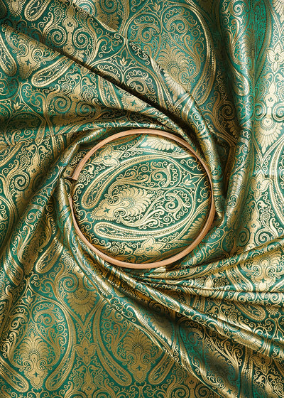 Bottle Green Banarasi Brocade Fabric With All Over Thread And Zari Handloom 24944