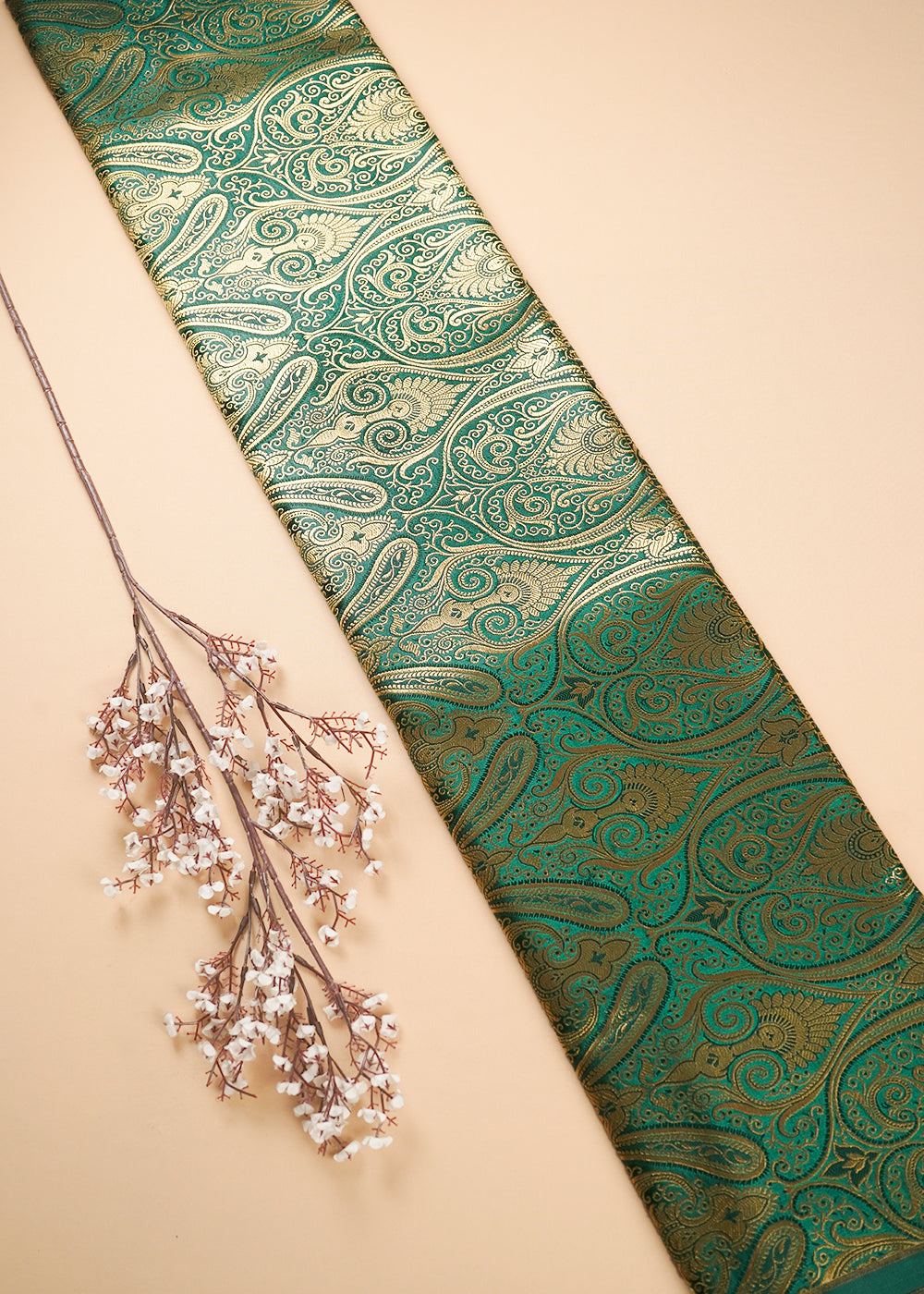 Bottle Green Banarasi Brocade Fabric With All Over Thread And Zari Handloom 24944