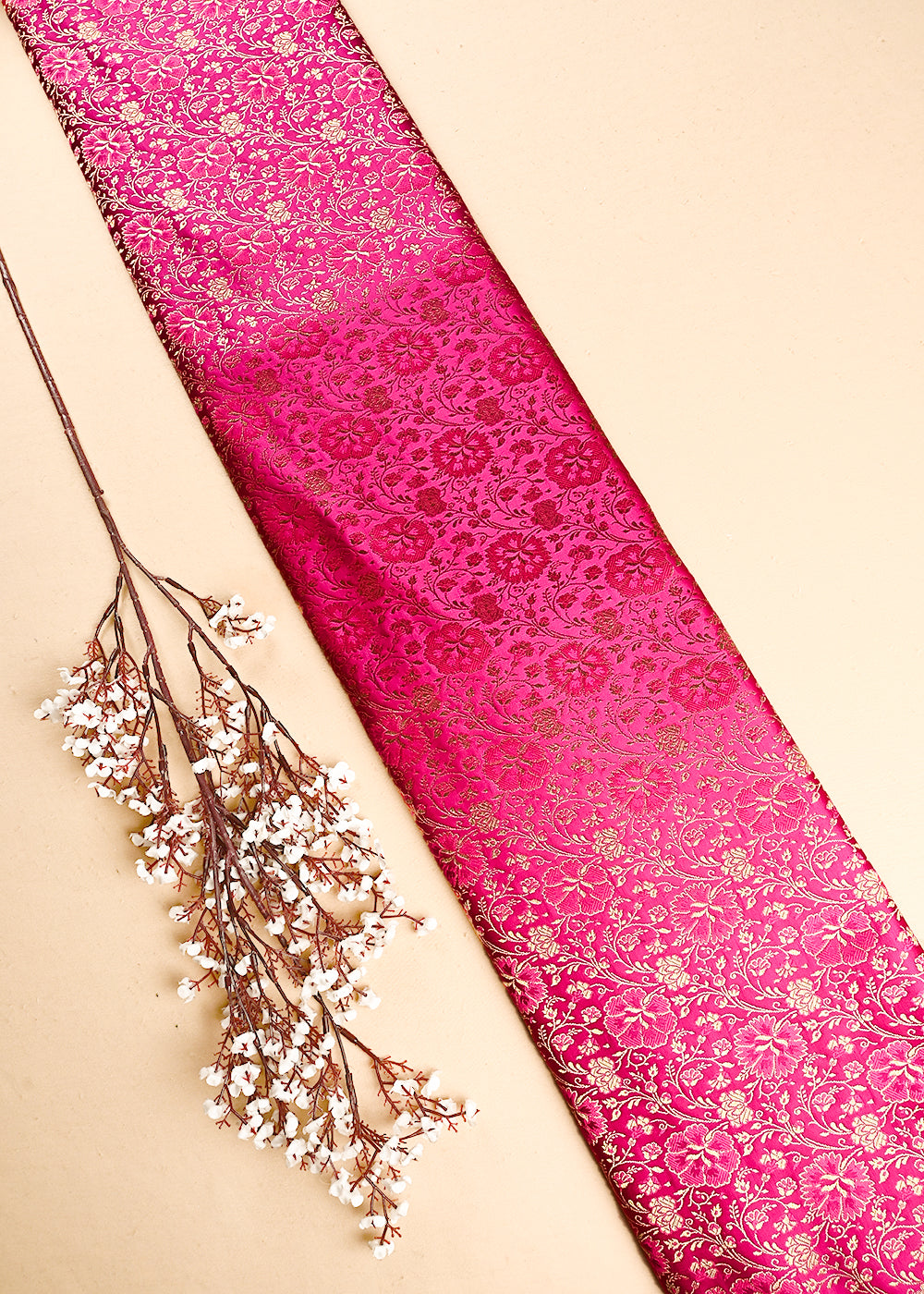 Rani Pink Banarasi Brocade Fabric With All Over Thread And Zari Handloom 24945