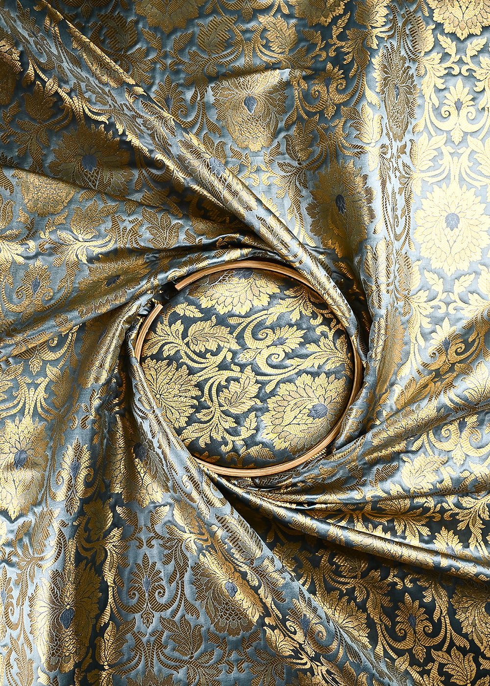 Grey Banarasi Brocade Fabric With All Over Thread And Zari Handloom 24946