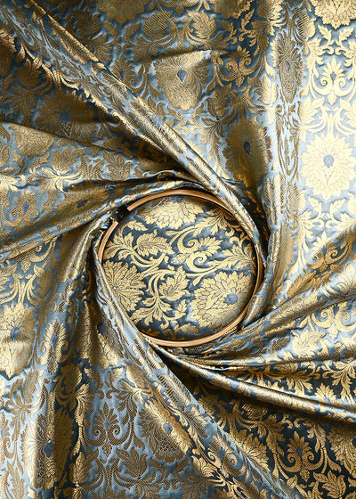 Grey Banarasi Brocade Fabric With All Over Thread And Zari Handloom 24946