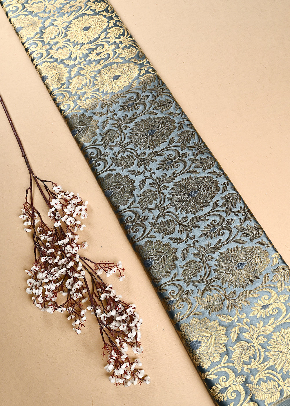 Grey Banarasi Brocade Fabric With All Over Thread And Zari Handloom 24946