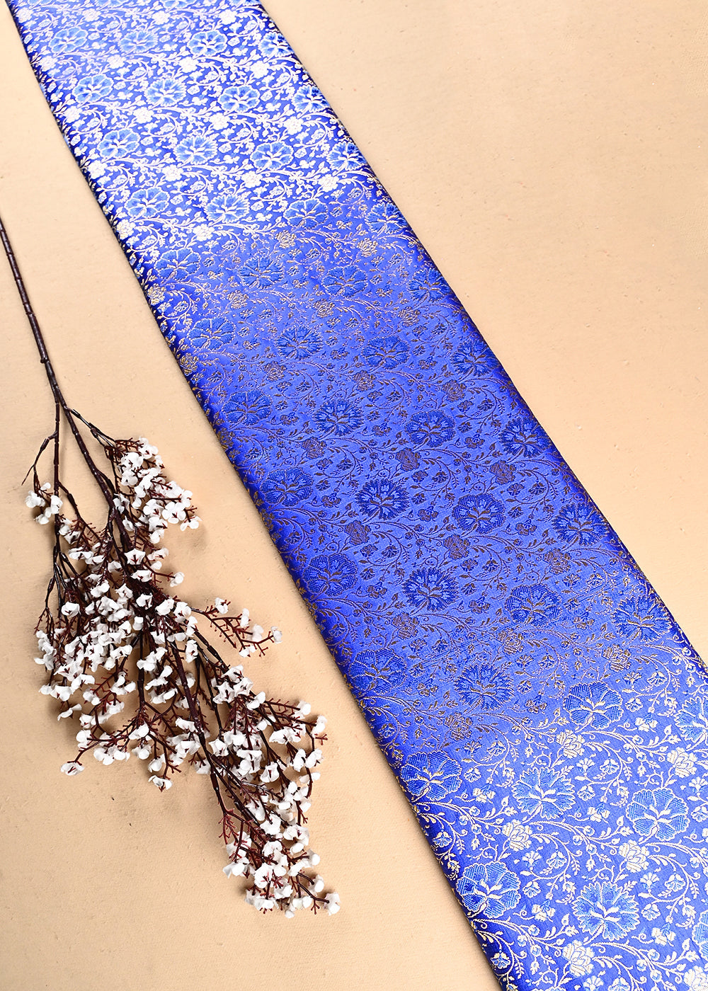 Royal Blue Banarasi Brocade Fabric With All Over Thread And Zari Handloom 24947