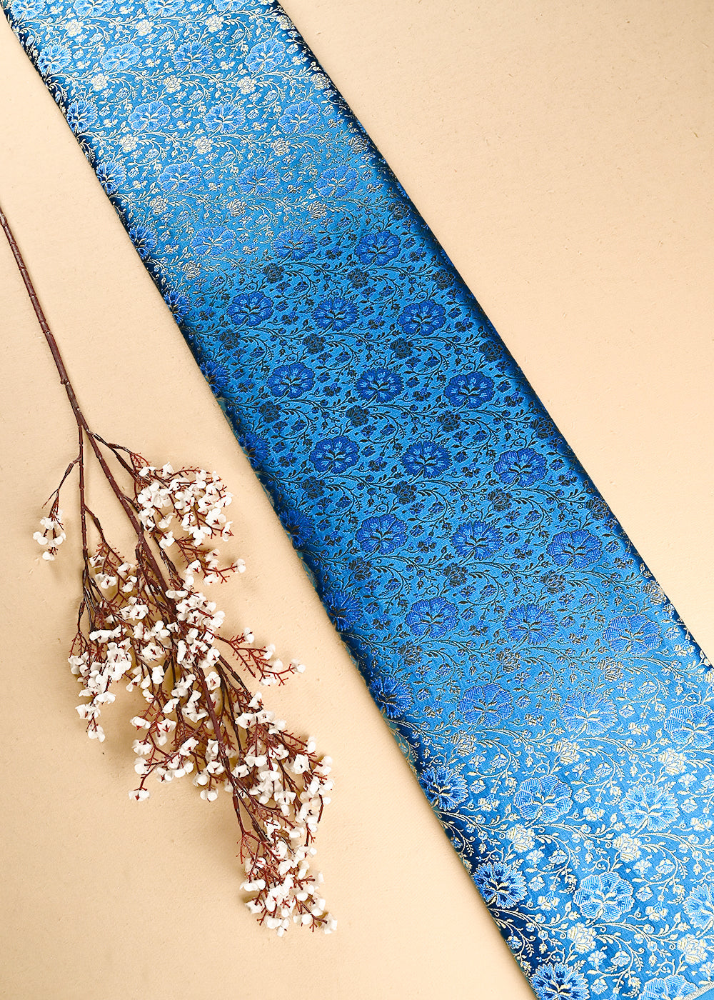 Blue Banarasi Brocade Fabric With All Over Thread And Zari Handloom 24948