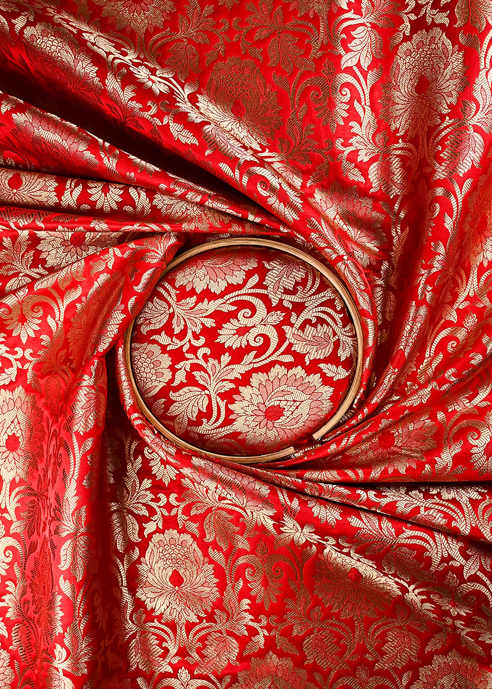 Red Banarasi Brocade Fabric With All Over Thread And Zari Handloom 24949