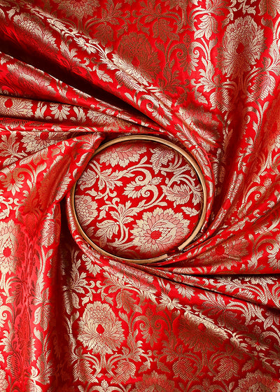 Red Banarasi Brocade Fabric With All Over Thread And Zari Handloom 24949