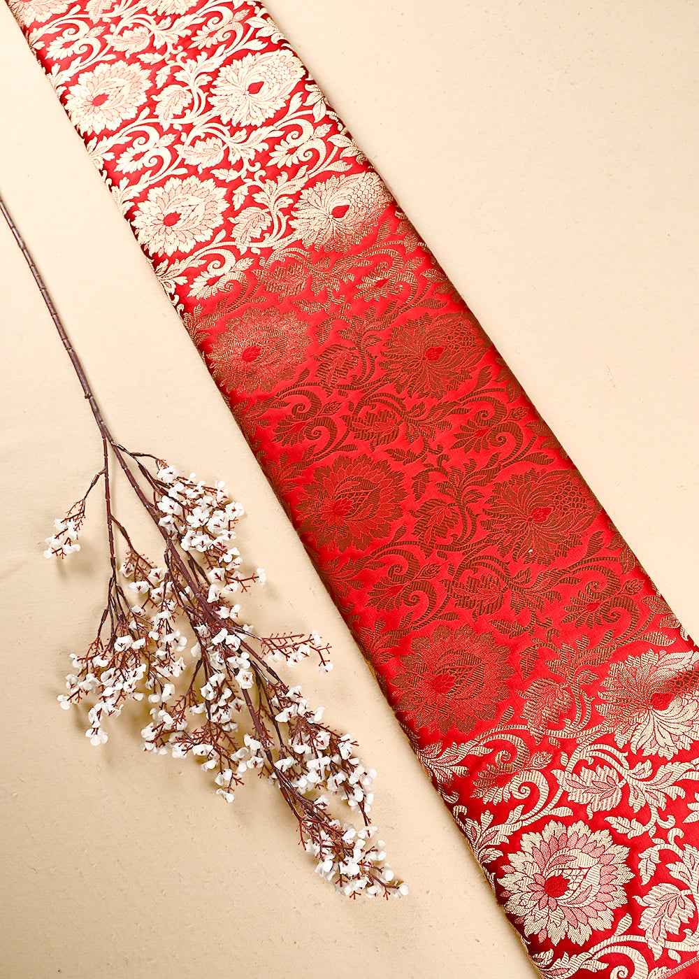 Red Banarasi Brocade Fabric With All Over Thread And Zari Handloom 24949
