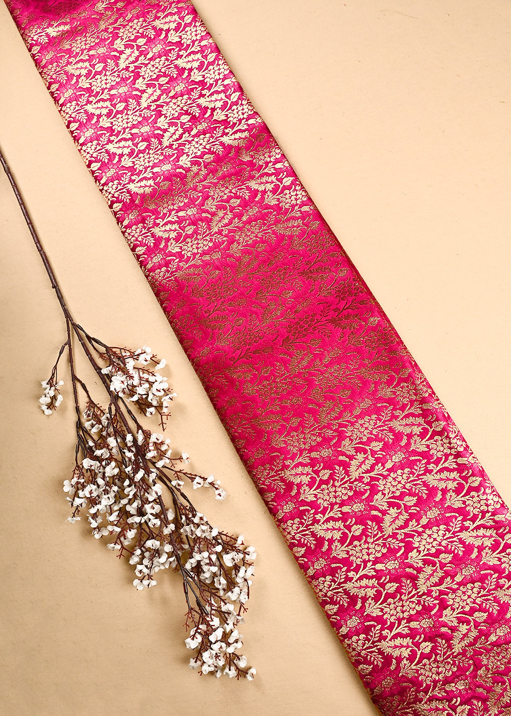 Rani Pink Banarasi Brocade Fabric With All Over Thread And Zari Handloom 24950