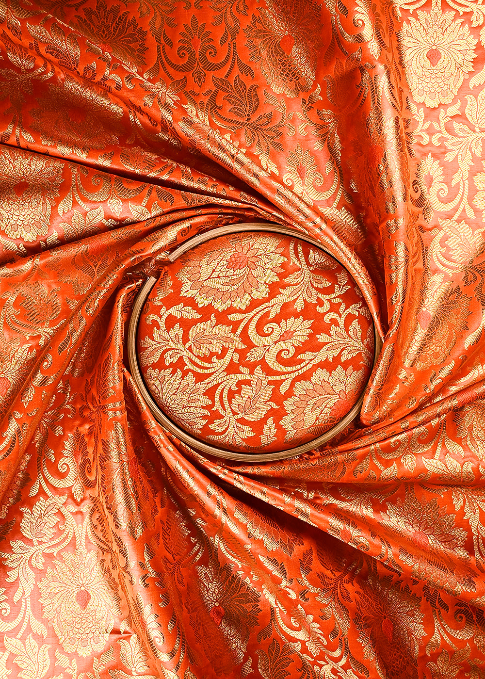 Orange Banarasi Brocade Fabric With All Over Thread And Zari Handloom 24951