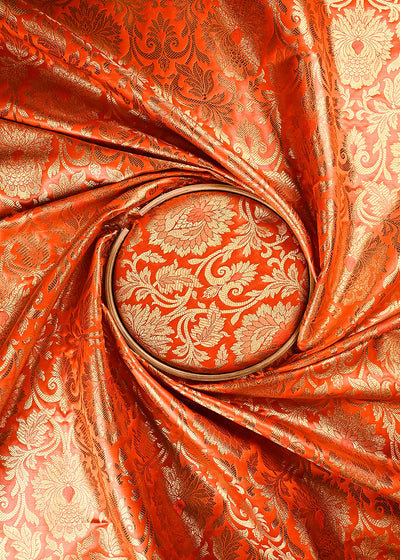 Orange Banarasi Brocade Fabric With All Over Thread And Zari Handloom 24951