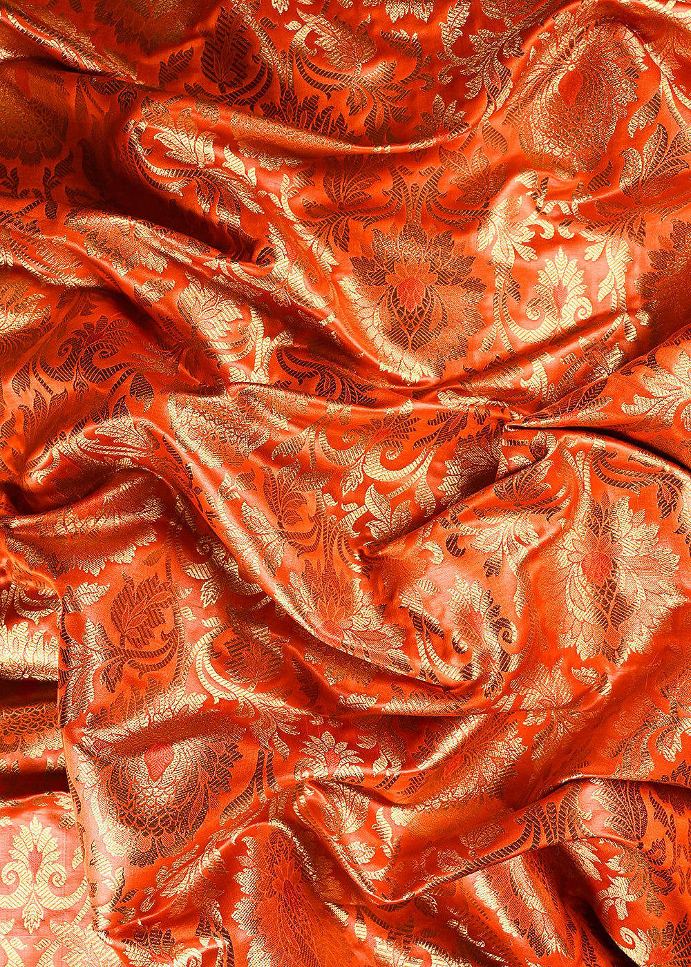 Orange Banarasi Brocade Fabric With All Over Thread And Zari Handloom 24951