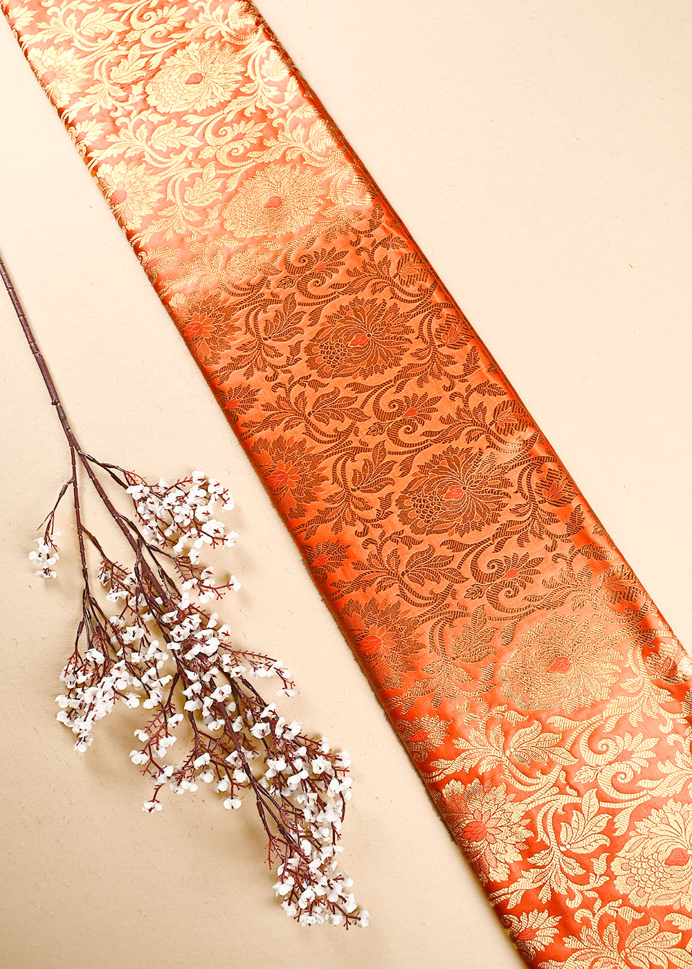 Orange Banarasi Brocade Fabric With All Over Thread And Zari Handloom 24951