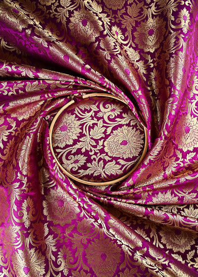 Purple Banarasi Brocade Fabric With All Over Thread And Zari Handloom 24952