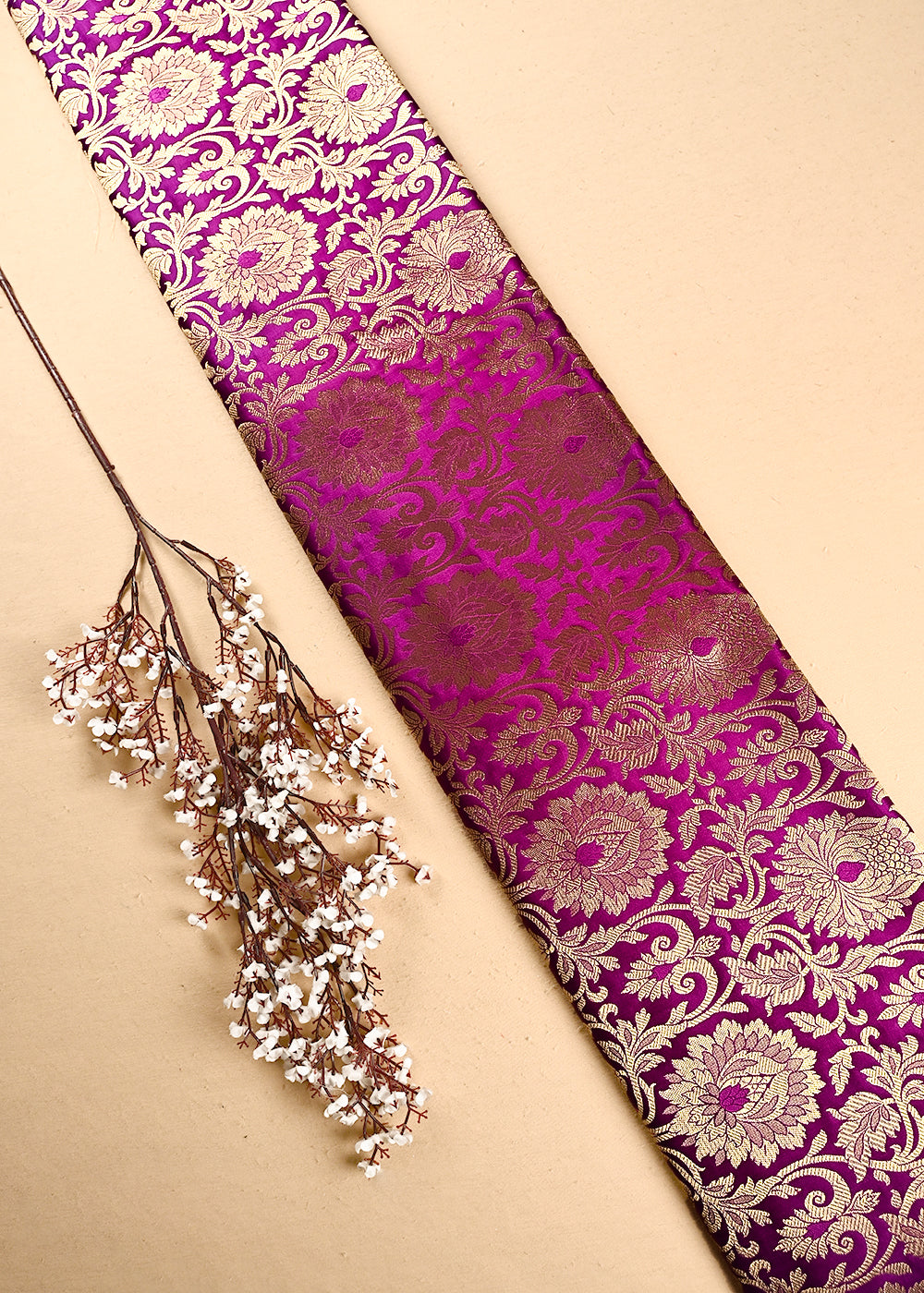 Purple Banarasi Brocade Fabric With All Over Thread And Zari Handloom 24952