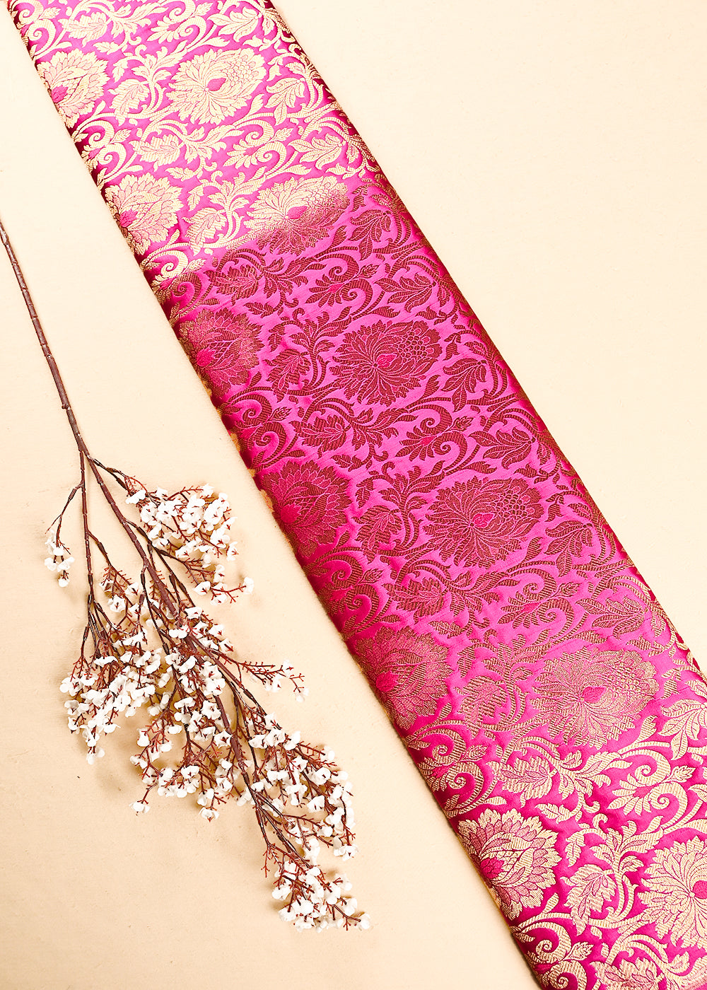Rani Pink Banarasi Brocade Fabric With All Over Thread And Zari Handloom 24953