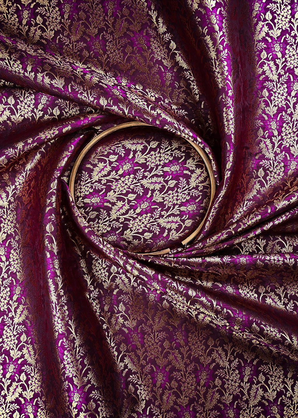 Purple Banarasi Brocade Fabric With All Over Thread And Zari Handloom 24954