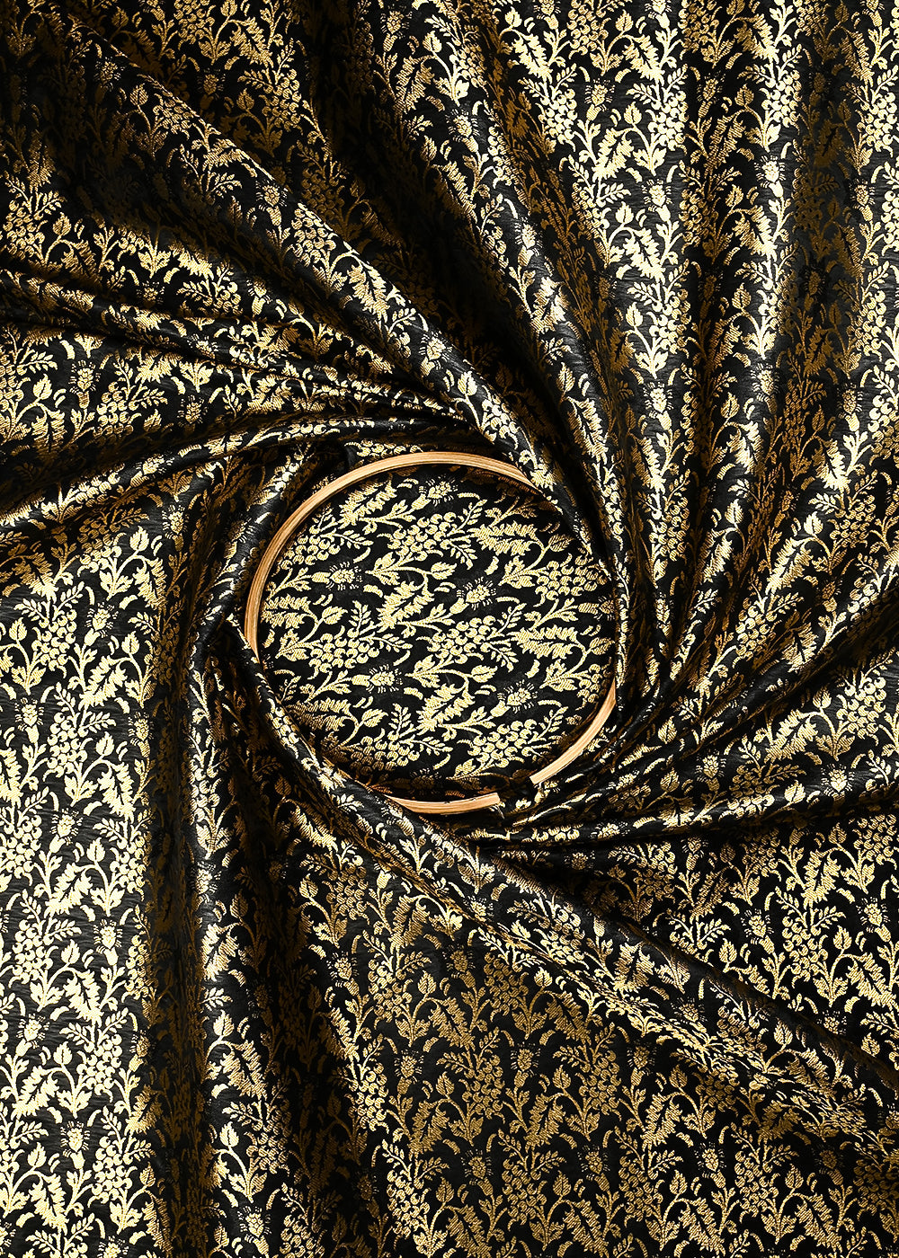 Black Banarasi Brocade Fabric With All Over Thread And Zari Handloom 24955