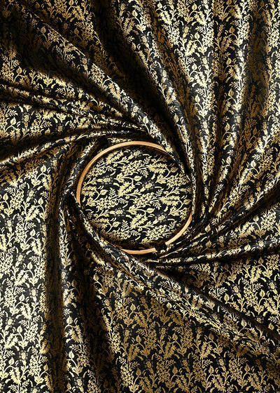 Black Banarasi Brocade Fabric With All Over Thread And Zari Handloom 24955