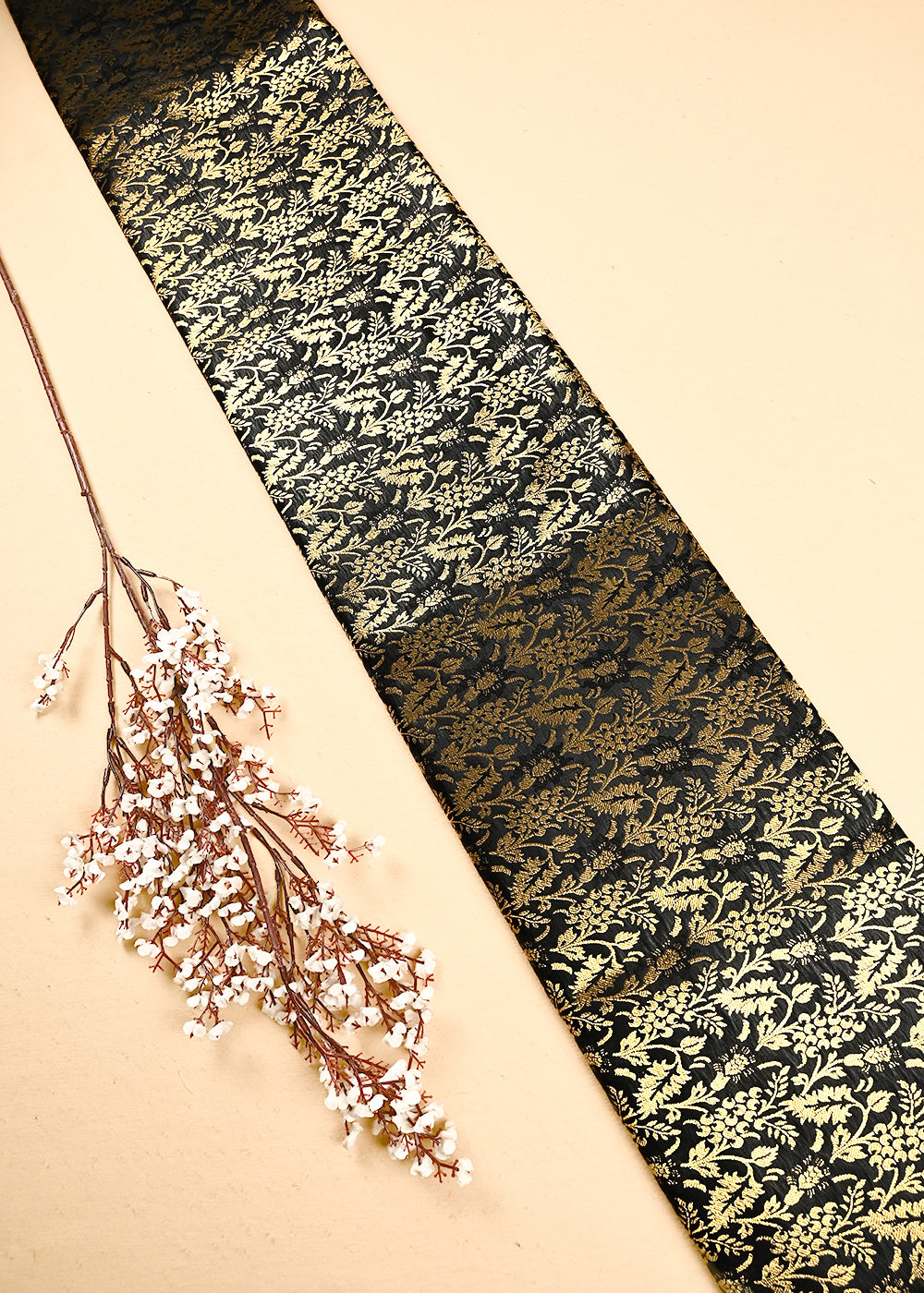 Black Banarasi Brocade Fabric With All Over Thread And Zari Handloom 24955