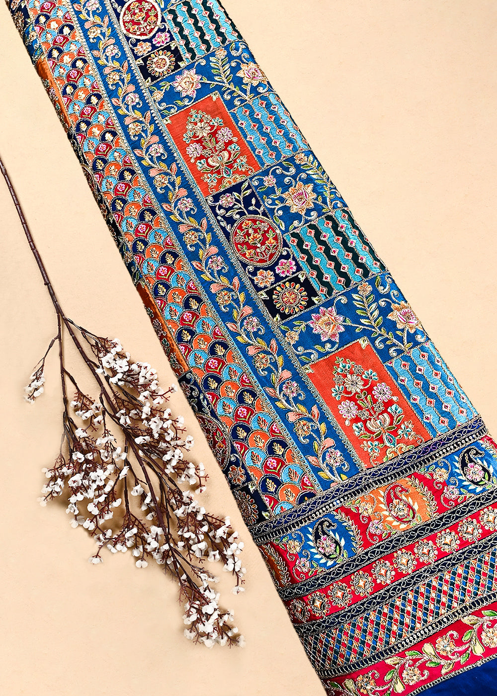 Royal Blue Crepe Fabric With All Over Zari and Sequins Work With One Side Border 24959
