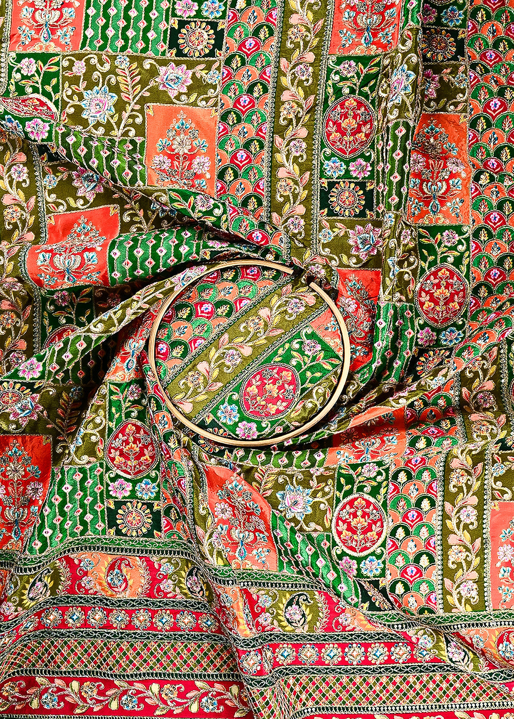 Bottle Green Crepe Fabric With All Over Zari and Sequins Work With One Side Border 24960