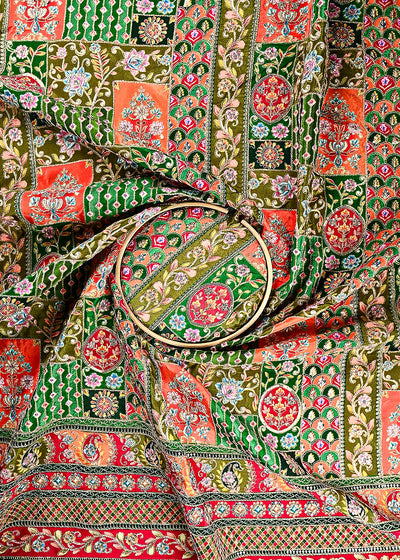 Bottle Green Crepe Fabric With All Over Zari and Sequins Work With One Side Border 24960