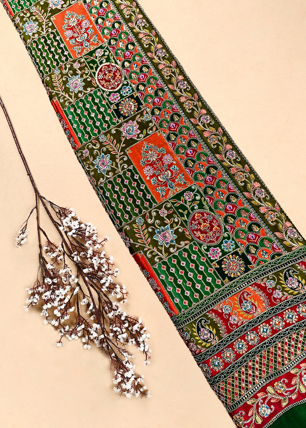 Bottle Green Crepe Fabric With All Over Zari and Sequins Work With One Side Border 24960