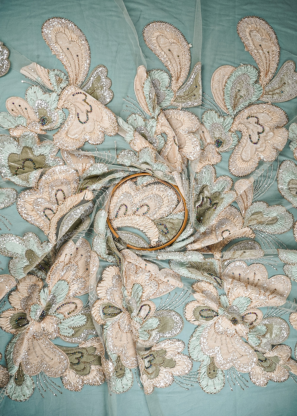 Pista Green Imported Net Fabric With All Over Sequins, Katdana, Bead, Ribbon Work And Valvet Patch Work 24979