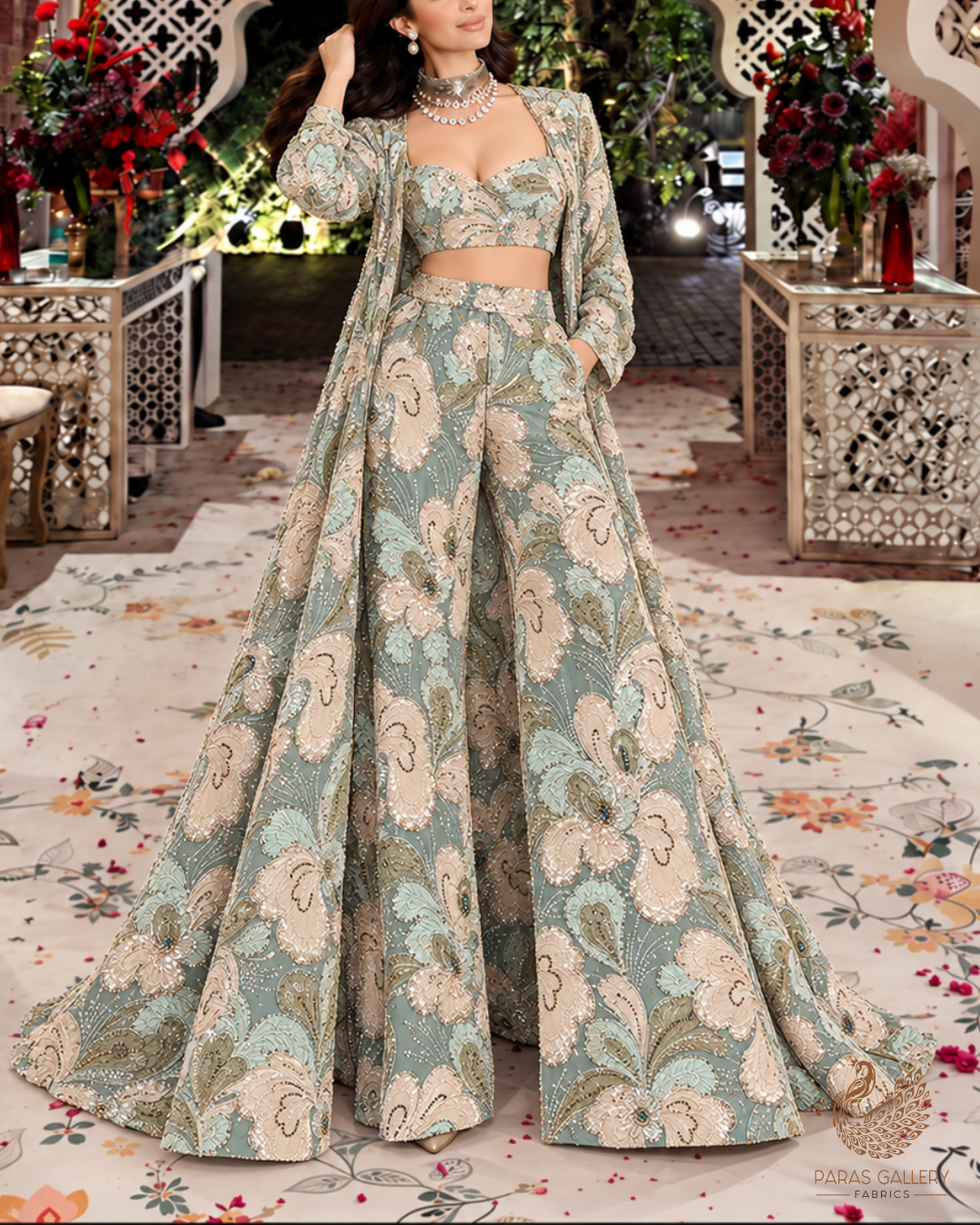 Pista Green Imported Net Fabric With All Over Sequins, Katdana, Bead, Ribbon Work And Velvet Patch Work 24979