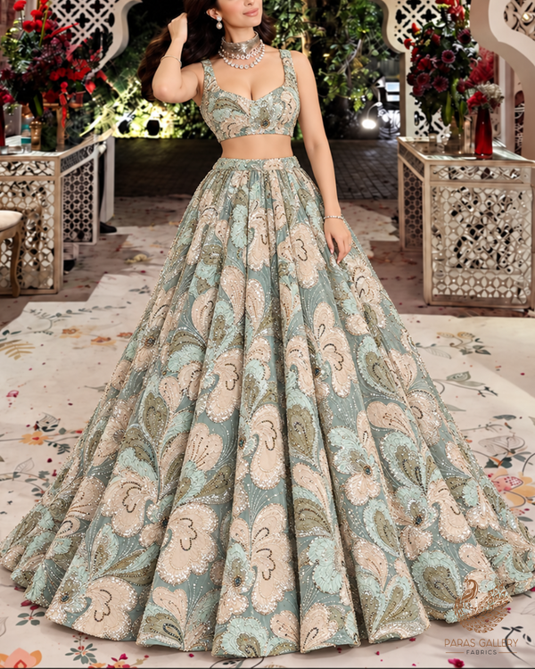 Pista Green Imported Net Fabric With All Over Sequins, Katdana, Bead, Ribbon Work And Velvet Patch Work 24979