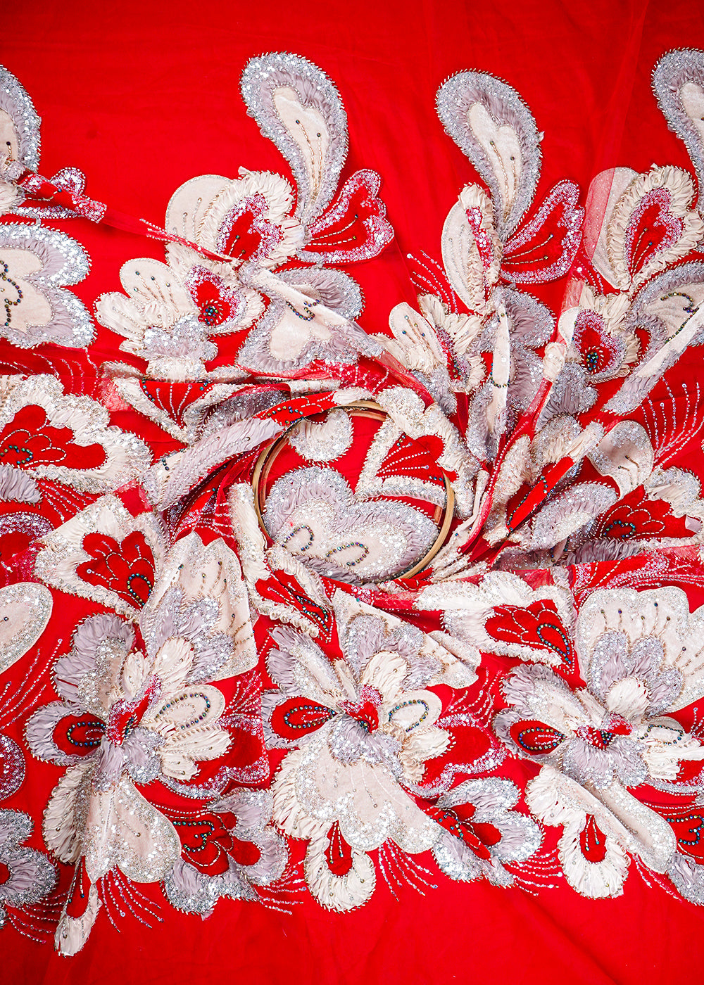 Red Imported Net Fabric With All Over Sequins, Katdana, Bead, Ribbon Work And Valvet Patch Work 24980