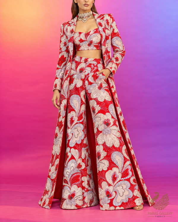 Red Imported Net Fabric With All Over Sequins, Katdana, Bead, Ribbon Work And Velvet Patch Work 24980