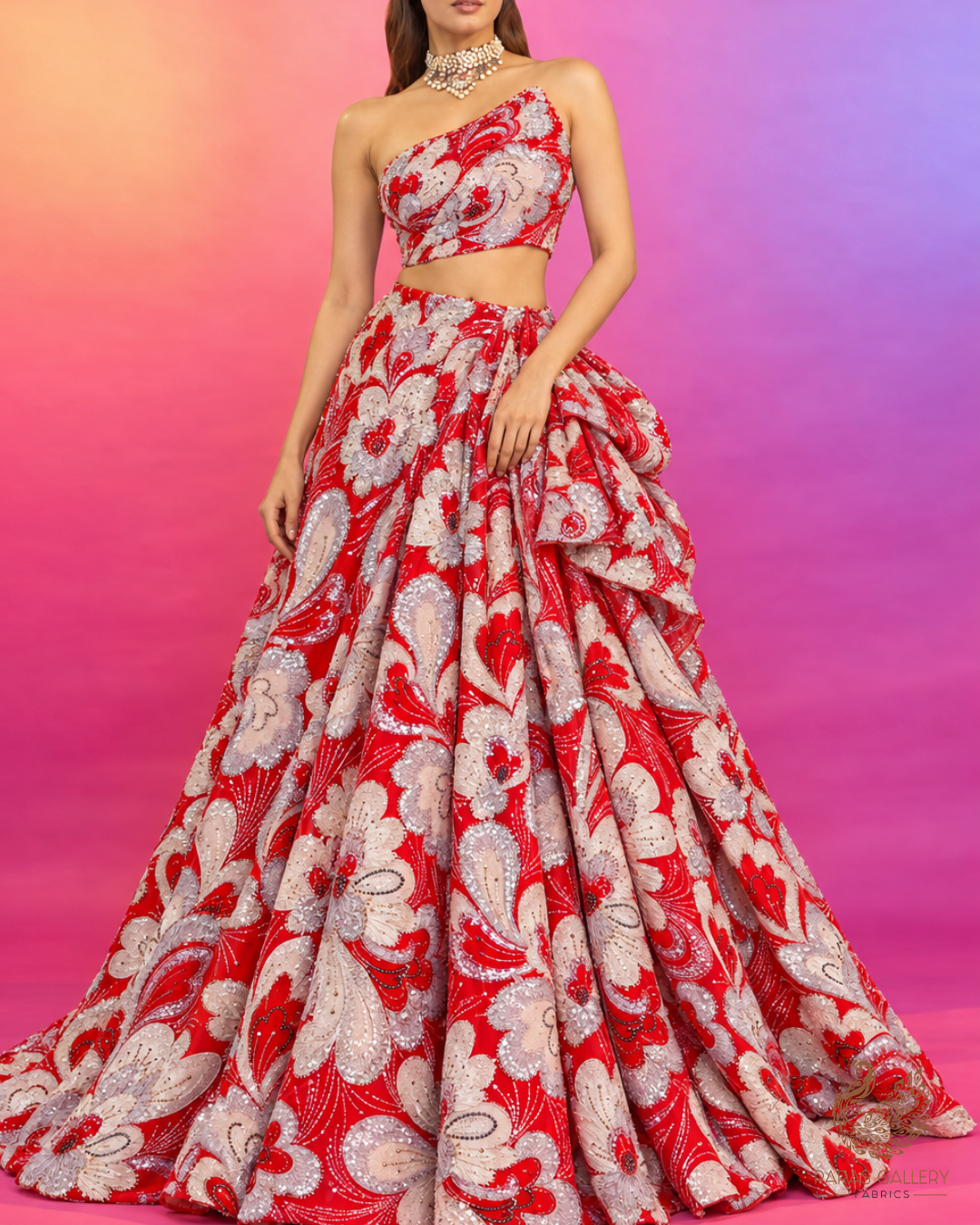 Red Imported Net Fabric With All Over Sequins, Katdana, Bead, Ribbon Work And Velvet Patch Work 24980