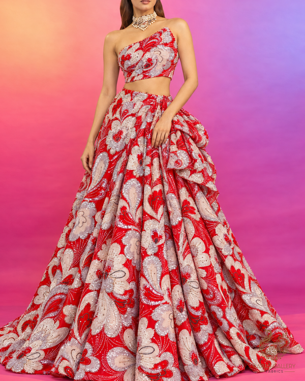 Red Imported Net Fabric With All Over Sequins, Katdana, Bead, Ribbon Work And Velvet Patch Work 24980