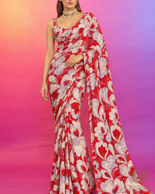 Red Imported Net Fabric With All Over Sequins, Katdana, Bead, Ribbon Work And Velvet Patch Work 24980